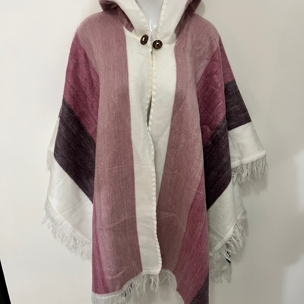 Elegant Hooded Poncho in Pink and White